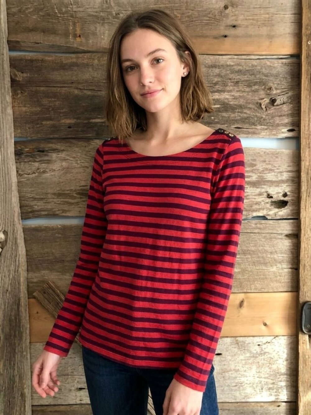 BANANA Republic Size Small Red/Navy Striped Long Sleeve Top